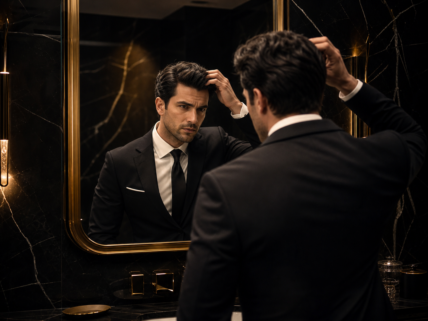 Executive assessing his hairline in a gold-framed mirror