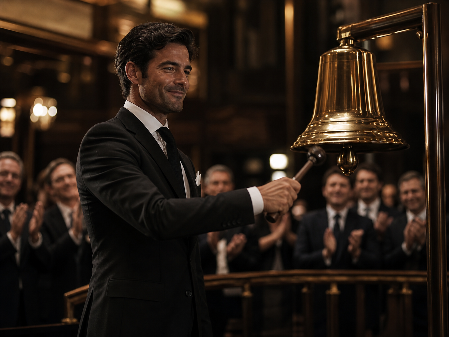 Executive ringing a gold opening bell